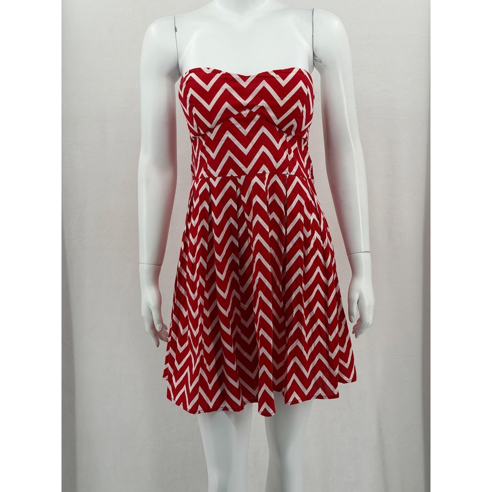 Rue 21 Dress Juniors Medium Red White Strapless Chevron Cotton Sweetheart Y2K